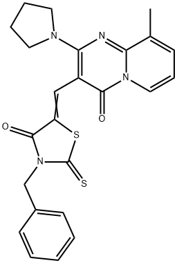 (5Z)-3-benzyl-5-[(9-methyl-4-oxo-2-pyrrolidin-1-ylpyrido[1,2-a]pyrimidin-3-yl)methylidene]-2-sulfanylidene-1,3-thiazolidin-4-one Struktur