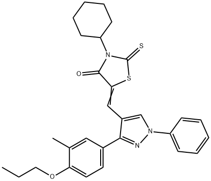 (5Z)-3-cyclohexyl-5-[[3-(3-methyl-4-propoxyphenyl)-1-phenylpyrazol-4-yl]methylidene]-2-sulfanylidene-1,3-thiazolidin-4-one Struktur