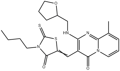 (5Z)-3-butyl-5-[[9-methyl-4-oxo-2-(oxolan-2-ylmethylamino)pyrido[1,2-a]pyrimidin-3-yl]methylidene]-2-sulfanylidene-1,3-thiazolidin-4-one Struktur