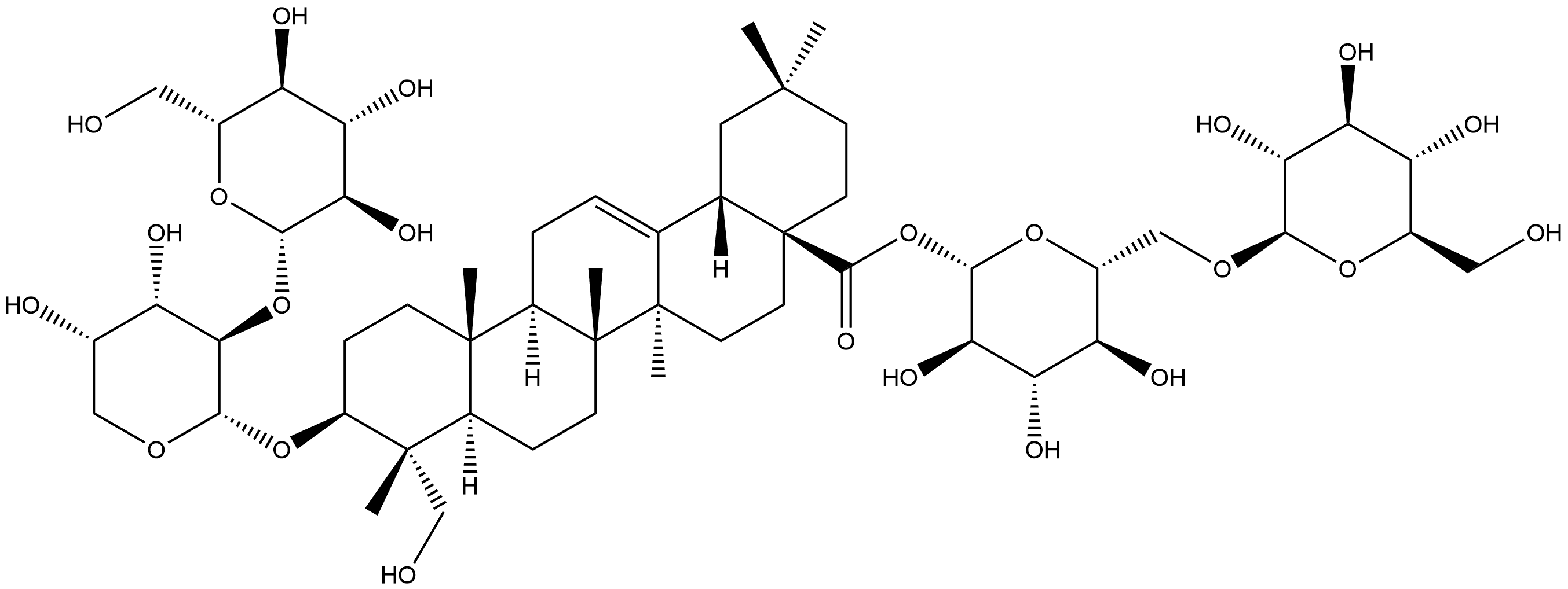 Olean-12-en-28-oic acid, 3-[(2-O-β-D-glucopyranosyl-α-L-arabinopyranosyl)oxy]-23-hydroxy-, 6-O-β-D-glucopyranosyl-β-D-glucopyranosyl ester, (3β,4α)- Struktur