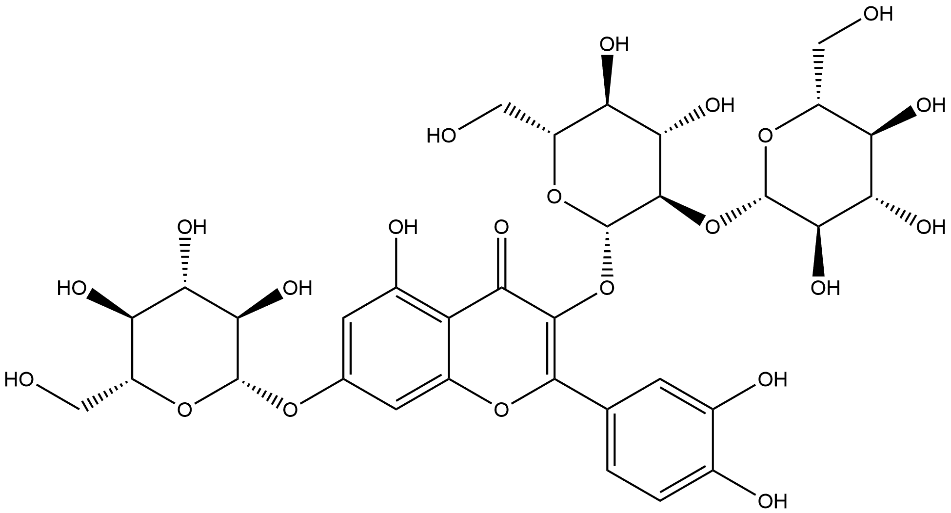 4H-1-Benzopyran-4-one, 2-(3,4-dihydroxyphenyl)-3-[(2-O-β-D-glucopyranosyl-β-D-glucopyranosyl)oxy]-7-(β-D-glucopyranosyloxy)-5-hydroxy- Struktur