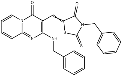 (5Z)-3-benzyl-5-[[2-(benzylamino)-4-oxopyrido[1,2-a]pyrimidin-3-yl]methylidene]-2-sulfanylidene-1,3-thiazolidin-4-one Struktur