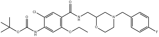 Carbamic acid, [2-chloro-5-ethoxy-4-[[[[4-[(4-fluorophenyl)methyl]-2-morpholinyl]methyl]amino]carbonyl]phenyl]-, 1,1-dimethylethyl ester (9CI) Struktur