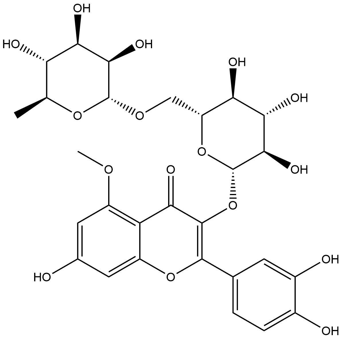 4H-1-Benzopyran-4-one, 3-[[6-O-(6-deoxy-α-L-mannopyranosyl)-β-D-glucopyranosyl]oxy]-2-(3,4-dihydroxyphenyl)-7-hydroxy-5-methoxy- Struktur