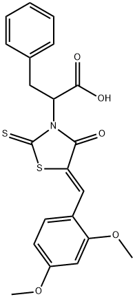2-[(5Z)-5-[(2,4-dimethoxyphenyl)methylidene]-4-oxo-2-sulfanylidene-1,3-thiazolidin-3-yl]-3-phenylpropanoic acid Struktur