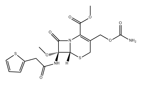 5-Thia-1-azabicyclo[4.2.0]oct-2-ene-2-carboxylic acid, 3-[[(aminocarbonyl)oxy]methyl]-7-methoxy-8-oxo-7-[(2-thienylacetyl)amino]-, methyl ester, (6R-cis)- (9CI) Struktur