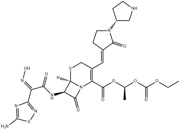 5-Thia-1-azabicyclo[4.2.0]oct-2-ene-2-carboxylic acid, 7-[[(2Z)-2-(5-amino-1,2,4-thiadiazol-3-yl)-2-(hydroxyimino)acetyl]amino]-8-oxo-3-[(E)-[(3'R)-2-oxo[1,3'-bipyrrolidin]-3-ylidene]methyl]-, (1S)-1-[(ethoxycarbonyl)oxy]ethyl ester, (6R,7R)- Structure