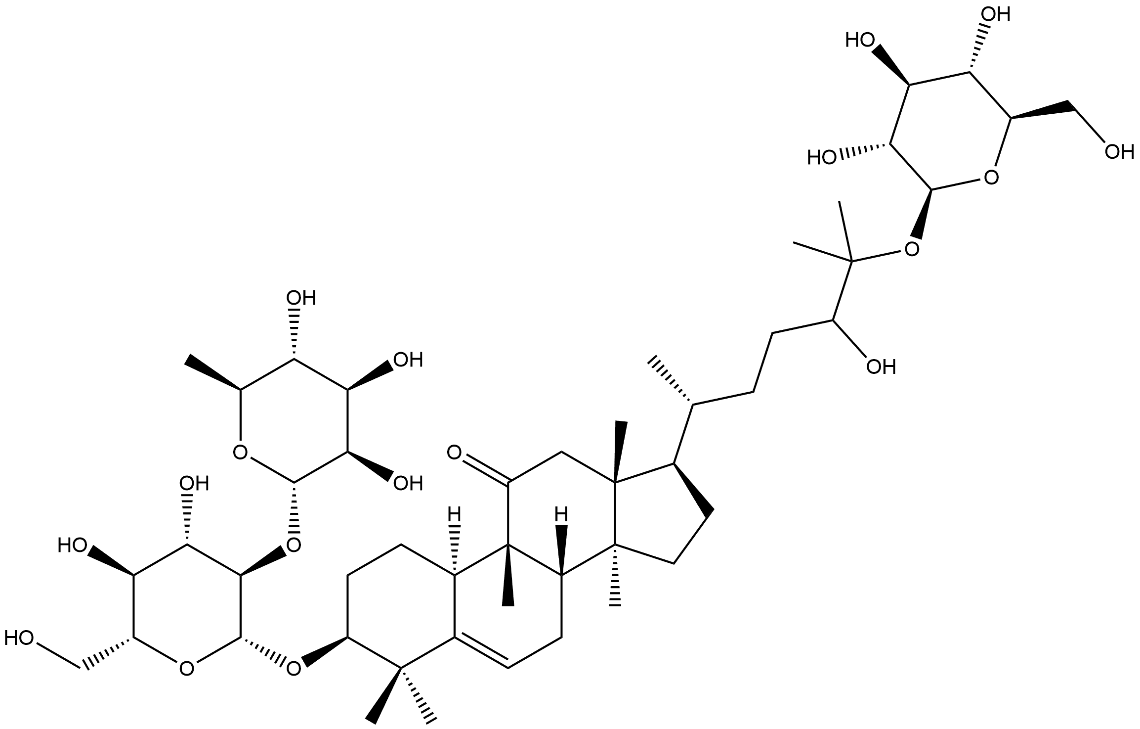 19-Norlanost-5-en-11-one, 3-[[2-O-(6-deoxy-α-L-mannopyranosyl)-β-D-glucopyranosyl]oxy]-25-(β-D-glucopyranosyloxy)-24-hydroxy-9-methyl-, (3β,9β,10α)- Struktur