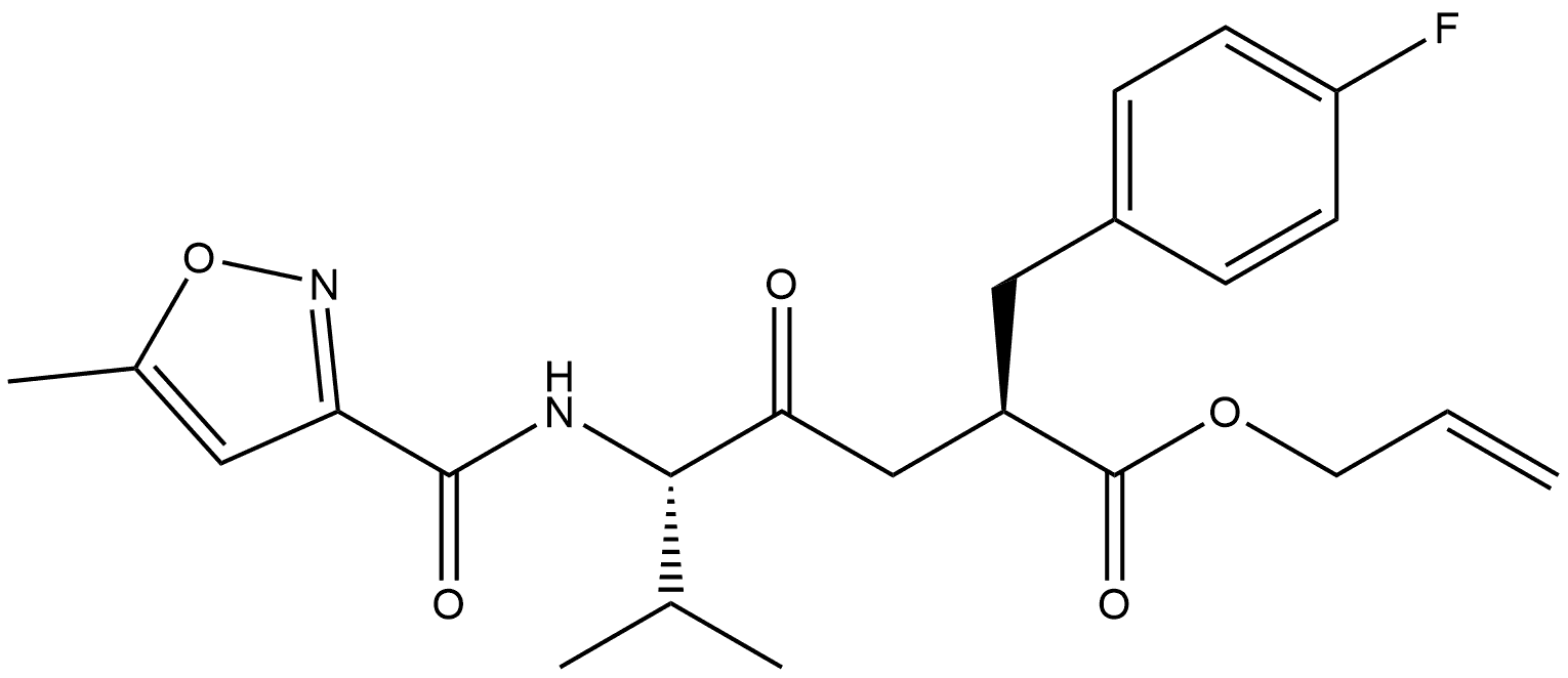 Benzenepropanoic acid, 4-fluoro-α-[(3S)-4-methyl-3-[[(5-methyl-3-isoxazolyl)carbonyl]amino]-2-oxopentyl]-, 2-propen-1-yl ester, (αR)- Struktur