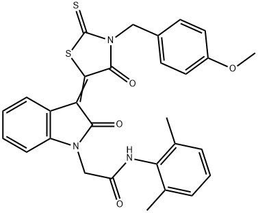 N-(2,6-dimethylphenyl)-2-[(3Z)-3-[3-[(4-methoxyphenyl)methyl]-4-oxo-2-sulfanylidene-1,3-thiazolidin-5-ylidene]-2-oxoindol-1-yl]acetamide Struktur