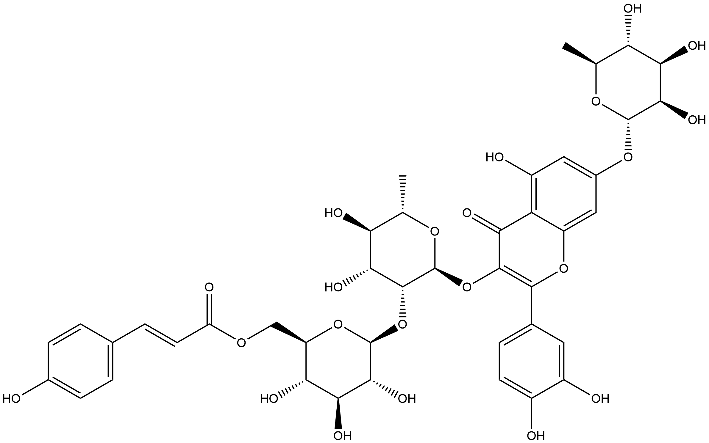 4H-1-Benzopyran-4-one, 3-[[6-deoxy-2-O-[6-O-[(2E)-3-(4-hydroxyphenyl)-1-oxo-2-propen-1-yl]-β-D-glucopyranosyl]-α-L-mannopyranosyl]oxy]-7-[(6-deoxy-α-L-mannopyranosyl)oxy]-2-(3,4-dihydroxyphenyl)-5-hydroxy- Struktur
