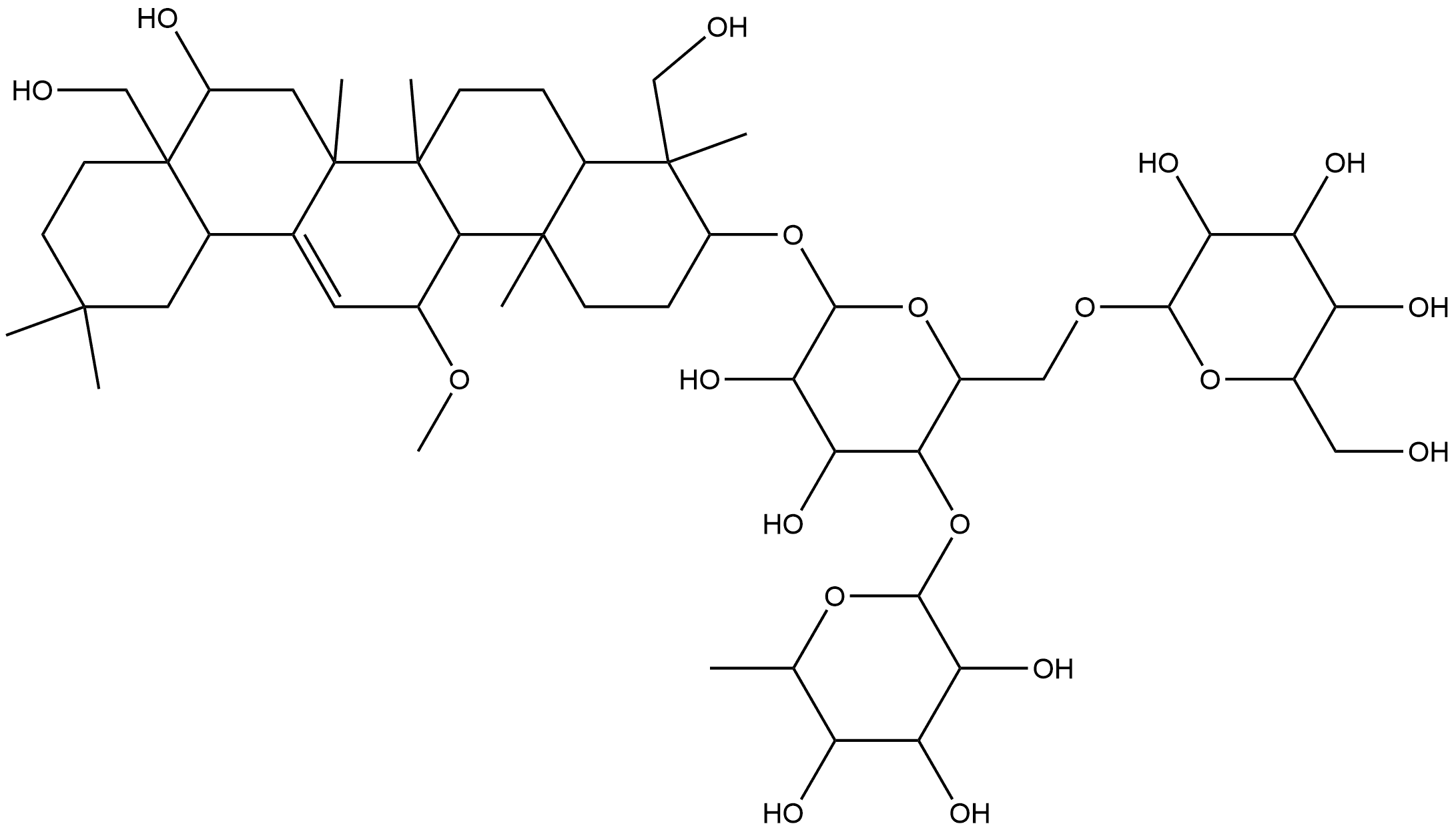 β-D-Glucopyranoside, (3β,4α,11α,16β)-16,23,28-trihydroxy-11-methoxyolean-12-en-3-yl O-6-deoxy-α-L-mannopyranosyl-(1→4)-O-[β-D-glucopyranosyl-(1→6)]- Struktur