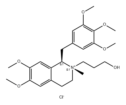 Isoquinolinium, 1,2,3,4-tetrahydro-2-(3-hydroxypropyl)-6,7-dimethoxy-2-methyl-1-[(3,4,5-trimethoxyphenyl)methyl]-, chloride (1:1), (1R,2S)- Struktur