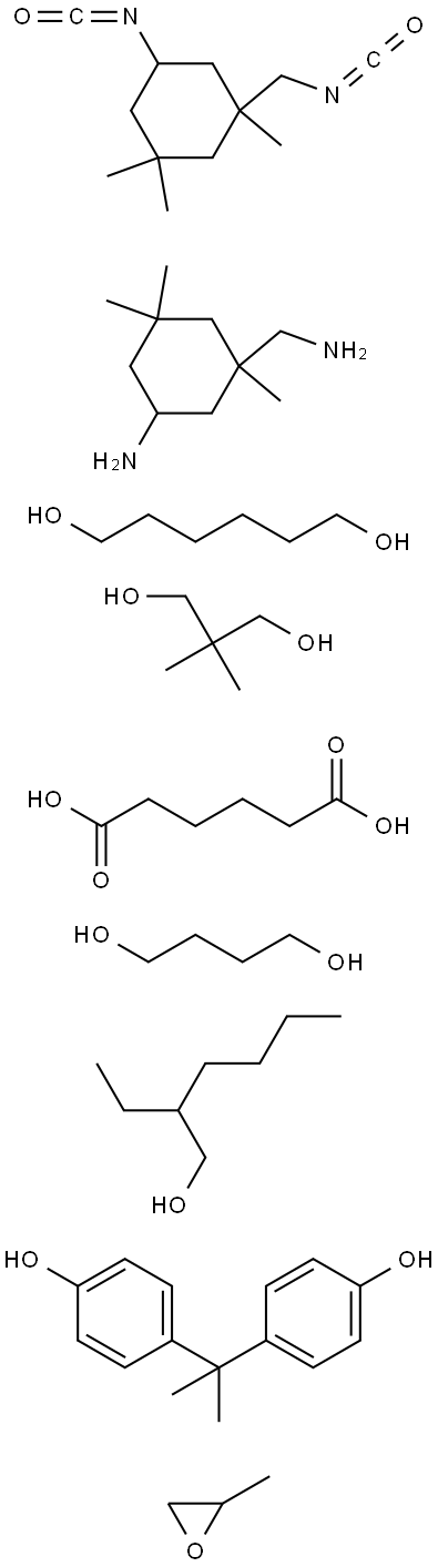 Hexanedioic acid, polymer with 5-amino-1,3,3-trimethylcyclohexanemethanamine, 1,4-butanediol, 2,2-dimethyl-1,3-propanediol, 1,6-hexanediol, 5-isocyanato-1-(isocyanatomethyl)-1,3,3-trimethylcyclohexane, 4,4-(1-methylethylidene)bisphenol and methyloxirane,  Struktur