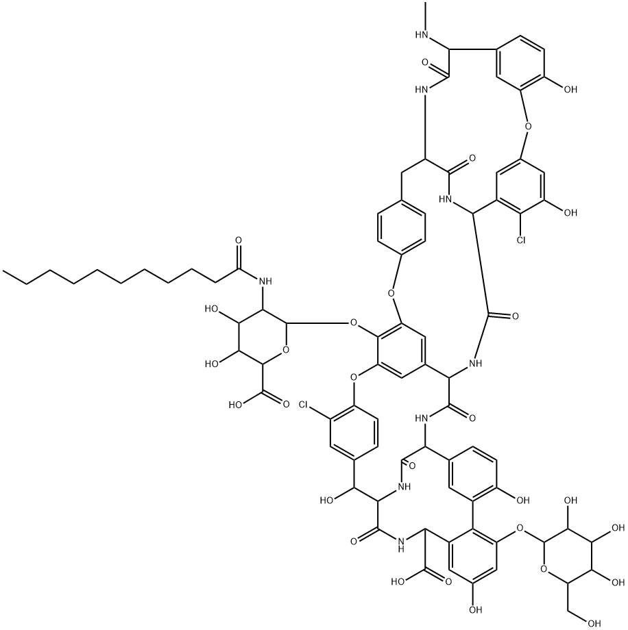 Ristomycin A aglycone, 5,31-dichloro-7-demethyl-64-O-demethyl-19-deoxy-56-O-[2-deoxy-2-[(1-oxoundecyl)amino]-β-D-glucopyranuronosyl]-42-O-α-D-mannopyranosyl-N15-methyl- Struktur