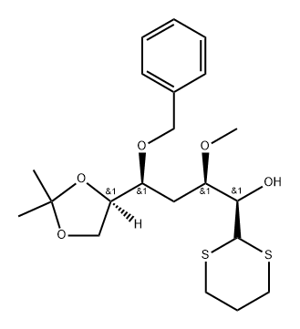 D-allo-Heptose, 4-deoxy-3-O-methyl-6,7-O-(1-methylethylidene)-5-O-(phenylmethyl)-, cyclic 1,3-propanediyl dithioacetal Struktur
