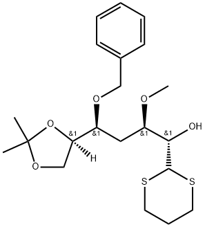 D-altro-Heptose, 4-deoxy-3-O-methyl-6,7-O-(1-methylethylidene)-5-O-(phenylmethyl)-, cyclic 1,3-propanediyl dithioacetal Struktur