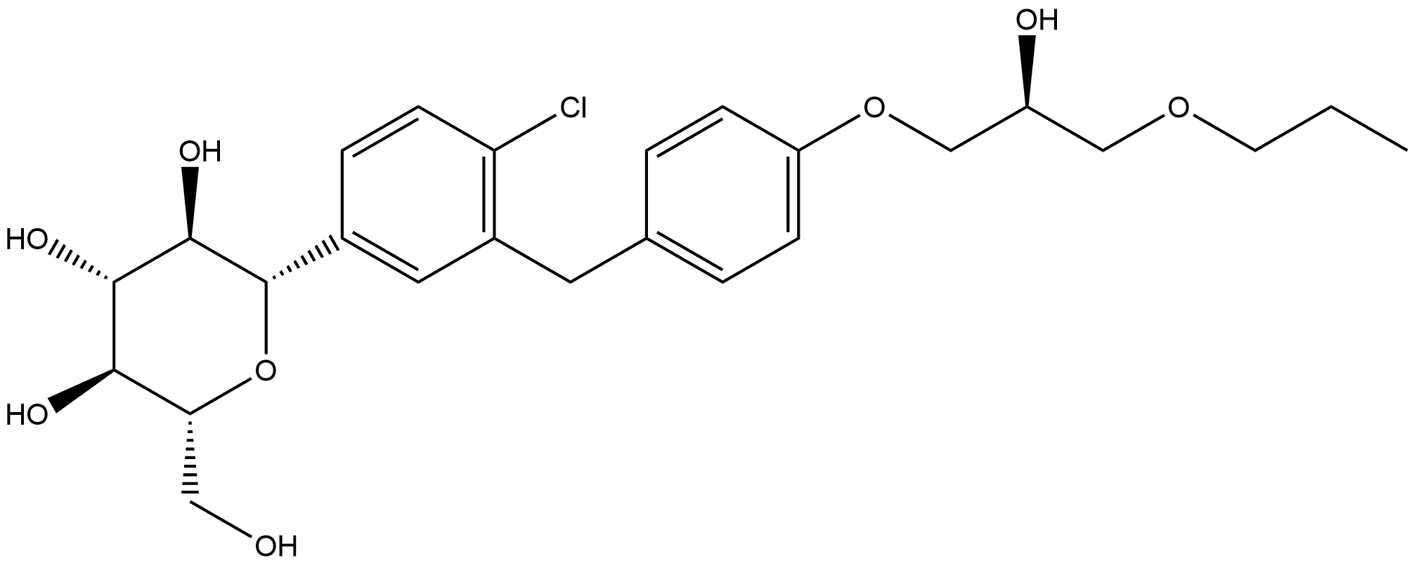 D-Glucitol, 1,5-anhydro-1-C-[4-chloro-3-[[4-[(2S)-2-hydroxy-3-propoxypropoxy]phenyl]methyl]phenyl]-, (1S)- Struktur