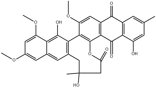 Anthra[1,2-b]naphth[2,3-d]oxonin-5,7,19(8H)-trione, 9,10-dihydro-4,9,16-trihydroxy-13,15,17-trimethoxy-2,9-dimethyl-, (+)- (9CI) Struktur