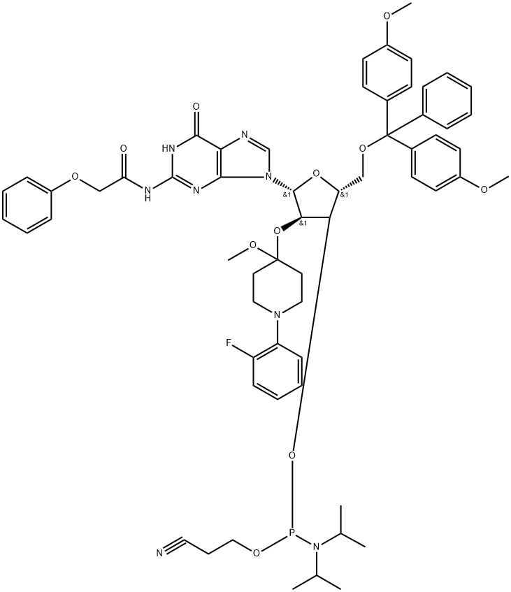 N-blocked-5'-O-DMT-2'-O-Fpmp CED guanosine phosphoramidite Struktur