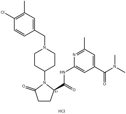 4-Pyridinecarboxamide, 2-[[[(2R)-1-[1-[(4-chloro-3-methylphenyl)methyl]-4-piperidinyl]-5-oxo-2-pyrrolidinyl]carbonyl]amino]-N,N,6-trimethyl-, hydrochloride (1:2) Struktur