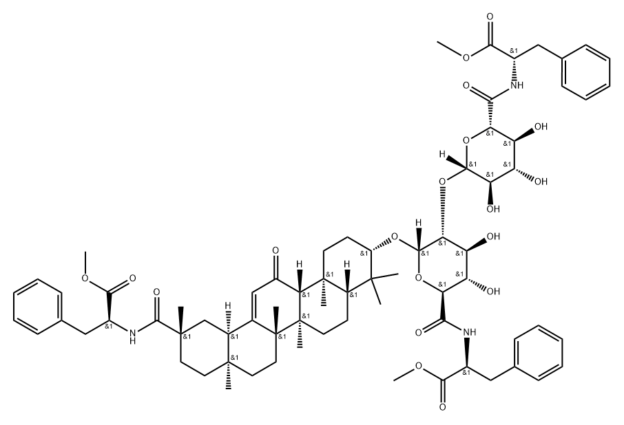 L-Phenylalanine, N-[1-O-[(3β,20β)-29-[[(1S)-2-methoxy-2-oxo-1-(phenylmethyl)ethyl]amino]-11,29-dioxoolean-12-en-3-yl]-2-O-[N-[(1S)-2-methoxy-2-oxo-1-(phenylmethyl)ethyl]-β-D-glucopyranuronamidosyl]-α-D-glucopyranuronoyl]-, methyl ester Struktur
