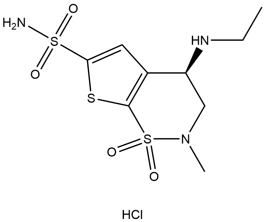 2H-Thieno[3,2-e]-1,2-thiazine-6-sulfonamide, 4-(ethylamino)-3,4-dihydro-2-methyl-, 1,1-dioxide, hydrochloride (1:1), (4R)- Struktur