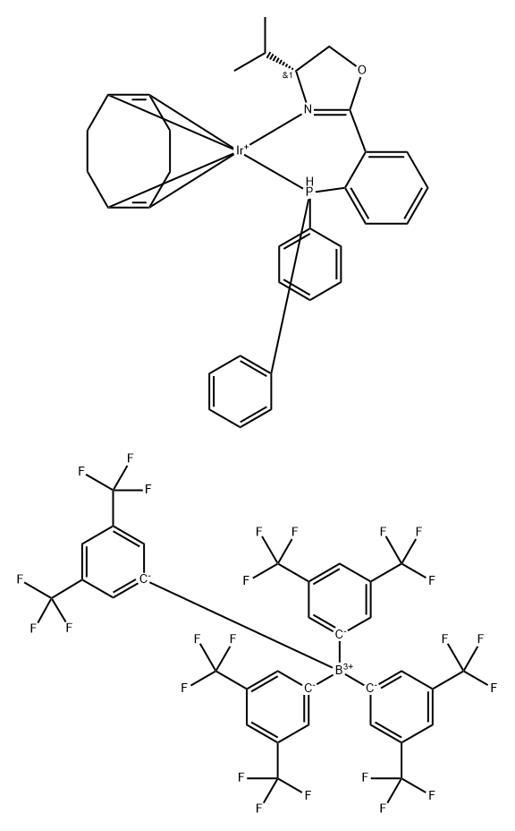 Iridium(1+), [(1,2,5,6-η)-1,5-cyclooctadiene][(4R)-2-[2-(diphenylphosphino-κP)phenyl]-4,5-dihydro-4-(1-methylethyl)oxazole-κN3]-, tetrakis[3,5-bis(trifluoromethyl)phenyl]borate(1-) (1:1) Struktur