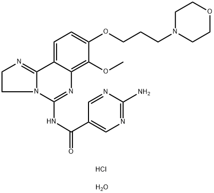 5-Pyrimidinecarboxamide, 2-amino-N-[2,3-dihydro-7-methoxy-8-[3-(4-morpholinyl)propoxy]imidazo[1,2-c]quinazolin-5-yl]-, hydrochloride, hydrate (1:2:4) Structure