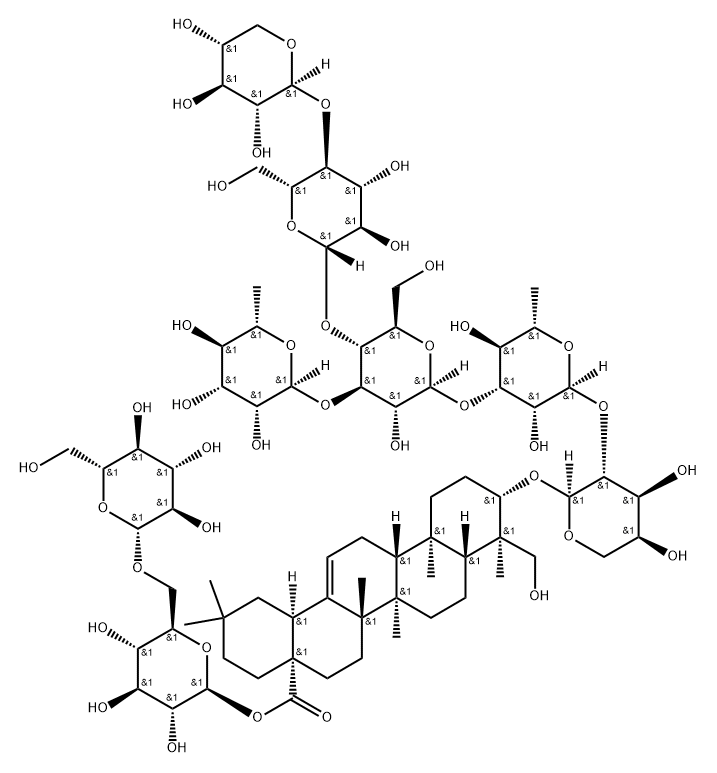 Olean-12-en-28-oic acid, 3-[(O-β-D-xylopyranosyl-(1→4)-O-β-D-glucopyranosyl-(1→4)-O-[6-deoxy-α-L-mannopyranosyl-(1→3)]-O-β-D-glucopyranosyl-(1→3)-O-6-deoxy-α-L-mannopyranosyl-(1→2)-α-L-arabinopyranosyl)oxy]-23-hydroxy-, 6-O-β-D-glucopyranosyl-β-D-glucopyranosyl ester, (3β,4α)- Struktur