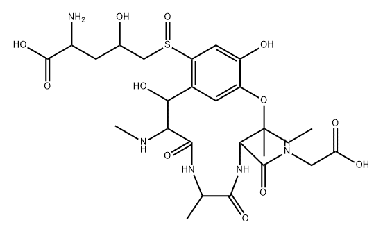 Glycine, (βR)-2-[(R)-[(2S,4S)-4-amino-4-carboxy-2-hydroxybutyl]sulfinyl]-β,5-dihydroxy-N-methyl-L-tyrosyl-L-alanyl-3-hydroxy-L-isoleucyl-, cyclic (15→3)-ether Struktur