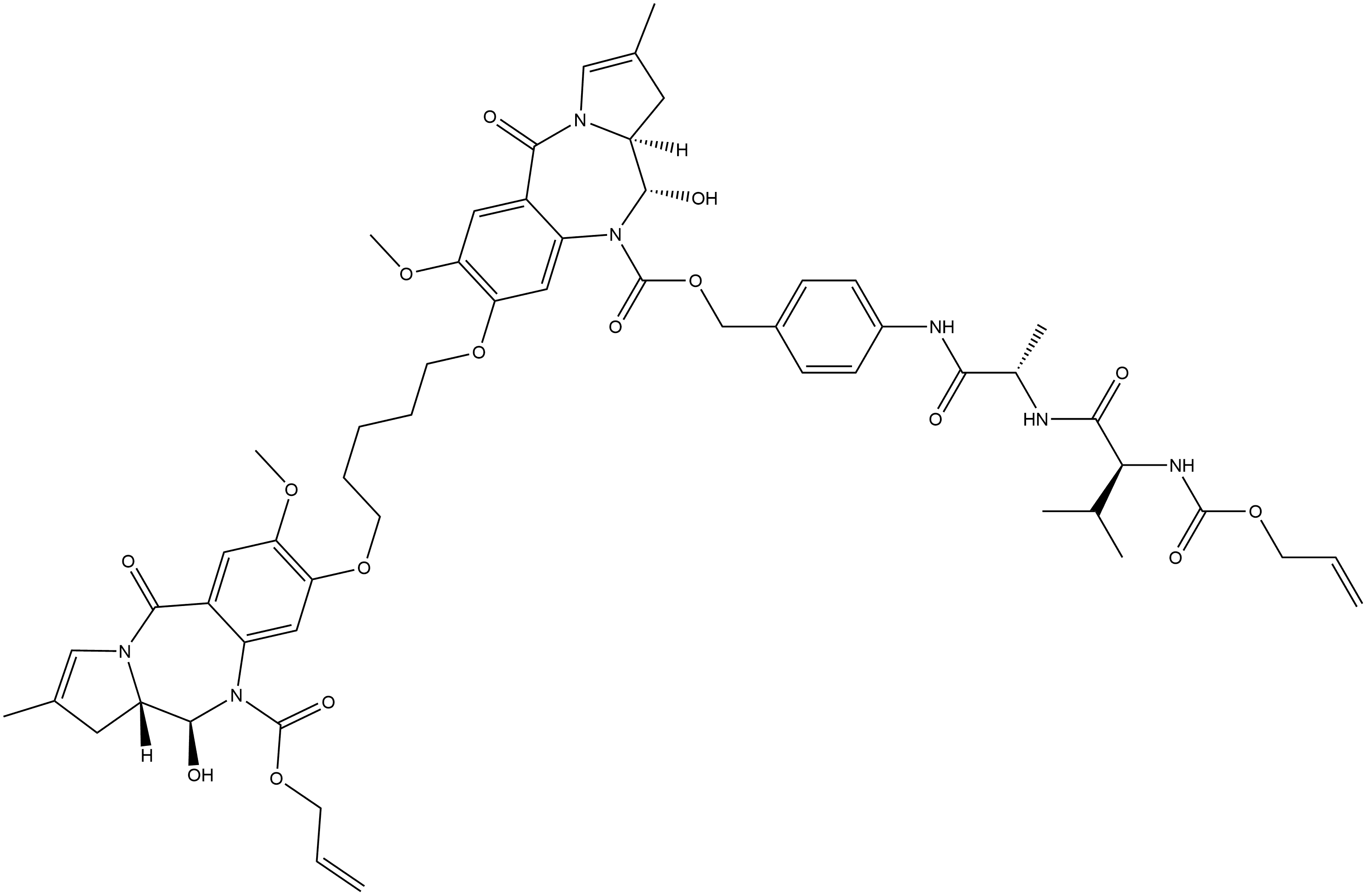 L-Alaninamide, N-[(2-propen-1-yloxy)carbonyl]-L-valyl-N-[4-[[[[(11S,11aS)-8-[[5-[[(11S,11aS)-5,10,11,11a-tetrahydro-11-hydroxy-7-methoxy-2-methyl-5-oxo-10-[(2-propen-1-yloxy)carbonyl]-1H-pyrrolo[2,1-c][1,4]benzodiazepin-8-yl]oxy]pentyl]oxy]-11,11a-dihydro-7-methoxy-2-methyl-5-oxo-1H-pyrrolo[2,1-c][1,4]benzodiazepin-10(5H)-yl]carbonyl]oxy]methyl]phenyl]- Struktur