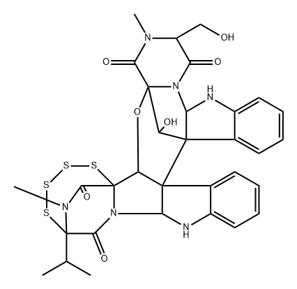 22bH-18,22a-(Iminomethano)-10b,23a-methano-10bH,23aH-indolo[2′′,3′′:2′,3′][1,2,3,4,6]tetrathiazocino[6′′,5′′:1′,5′]pyrrolo[3′,4′:6,7]pyrazino[2′′′,1′′′:2,3][1,3]oxazepino[4,5-b]indole-1,4,17,25(18H)-tetrone, 2,3,5a,6,15,15a-hexahydro-24-hydroxy-3-(hydroxymethyl)-2,26-dimethyl-18-(1-methylethyl)-, (3R,5aR,10bS,10cR,15aS,18R,22aR,22bR,23aR,24R)-rel-(+)-|化合物 T32653