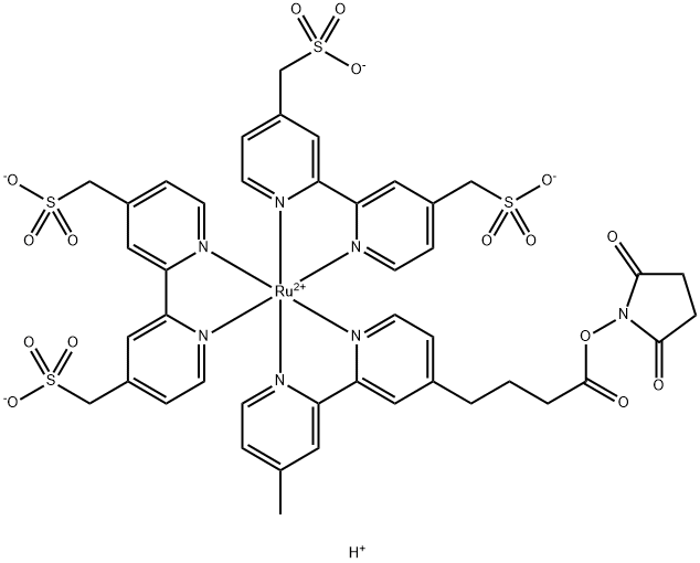 Ruthenate(2-), bis[[2,2'-bipyridine]-4,4'-dimethanesulfonato(2-)-κN1,κN1'](2,5-dioxo-1-pyrrolidinyl 4'-methyl[2,2'-bipyridine]-4-butanoate-κN1,κN1')-, hydrogen (1:2), (OC-6-31)- Struktur
