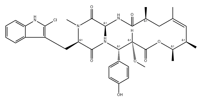 Cyclo[(2S,3S)-3-(4-hydroxyphenyl)-2-methoxy-β-alanyl-(2S,4E,6R,7R)-7-hydroxy-2,4,6-trimethyl-4-octenoyl-L-alanyl-2-chloro-N-methyl-D-tryptophyl] Struktur
