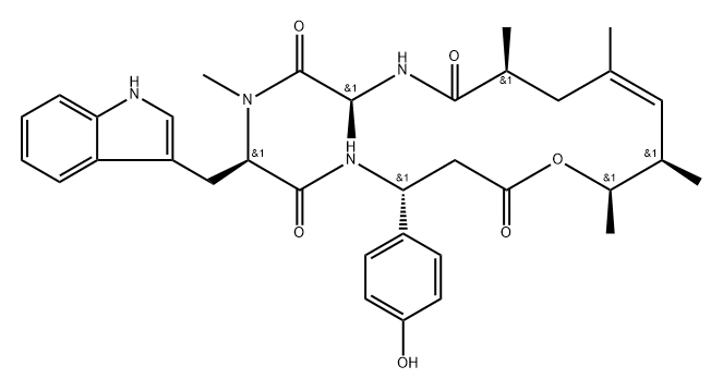Cyclo[(3R)-3-(4-hydroxyphenyl)-β-alanyl-(2S,4E,6R,7R)-7-hydroxy-2,4,6-trimethyl-4-octenoyl-L-alanyl-N-methyl-D-tryptophyl] Struktur