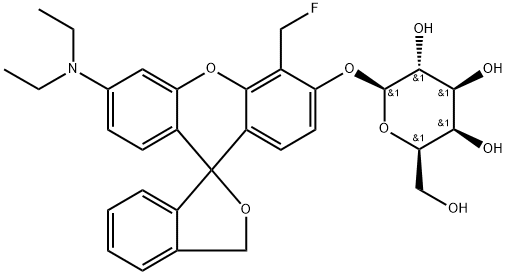 β-D-Galactopyranoside, 6'-(diethylamino)-4'-(fluoromethyl)spiro[isobenzofuran-1(3H),9'-[9H]xanthen]-3'-yl Struktur