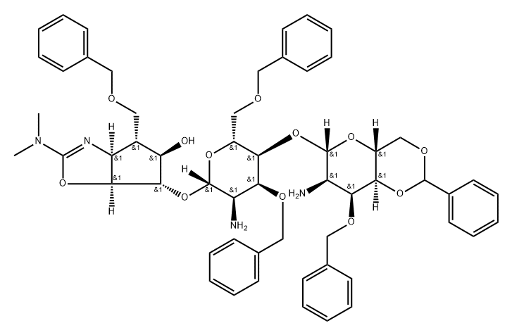 .beta.-D-Allopyranoside, (3aS,4R,5R,6S,6aS)-2-(dimethylamino)-3a,5,6,6a-tetrahydro-5-hydroxy-4-(phenylmethoxy)methyl-4H-cyclopentoxazol-6-yl 2-amino-4-O-2-amino-2-deoxy-3-O-(phenylmethyl)-4,6-O-(phenylmethylene)-.beta.-D-allopyranosyl-2-deoxy-3,6-bis-O-(p Struktur