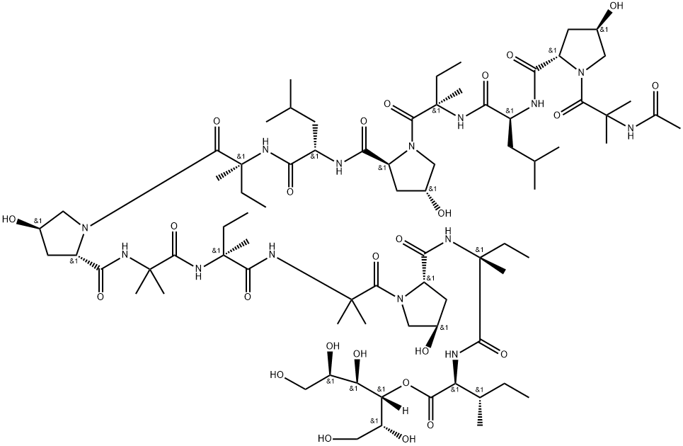 L-Isoleucine, N-acetyl-2-methylalanyl-(4R)-4-hydroxy-L-prolyl-L-leucyl-D-isovalyl-(4R)-4-hydroxy-L-prolyl-L-leucyl-L-isovalyl-(4R)-4-hydroxy-L-prolyl-2-methylalanyl-L-isovalyl-2-methylalanyl-(4R)-4-hydroxy-L-prolyl-D-isovalyl-, 3-ester with D-mannitol Struktur