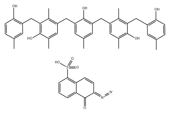 Mixed esters (mono,bis,tris,tetrakis,pentakis)of 2,6-bis(4-hydroxy-3-(2-hydroxy-5-methylbenzyl)-2,5-dimethylbenzyl)-p-cresol and 6-diazo-5,6-dihydro-5-oxo-1-naphthalenesulfonic acid Struktur