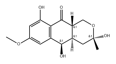 10H-Naphtho[2,3-c]pyran-10-one, 1,3,4,4a,5,10a-hexahydro-3,5,9-trihydroxy-7-methoxy-3-methyl-, (3R,4aS,5S,10aR)-rel-(+)- Struktur