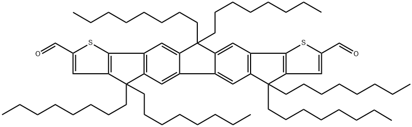 4H-Thieno[2'',3'':1',2']indeno[5',6':5,6]-s-indaceno[1,2-b]thiophene-2,9-dicarboxaldehyde, 7,12-dihydro-4,4,7,7,12,12-hexaoctyl- Struktur