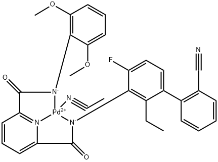 Palladium, (acetonitrile)[N2-(2'-cyano-2-ethyl-4-fluoro[1,1'-biphenyl]-3-yl)-N6-(2,6-dimethoxyphenyl)-2,6-pyridinedicarboxamidato(2-)-κN1,κN2,κN6]-, (SP-4-2)- Struktur
