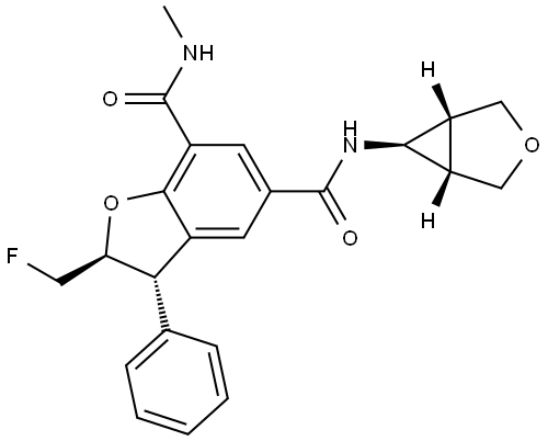 5,7-Benzofurandicarboxamide, 2-(fluoromethyl)-2,3-dihydro-N7-methyl-N5-(1α,5β,6β)-3-oxabicyclo[3.1.0]hex-6-yl-3-phenyl-, (2S,3S)- Struktur