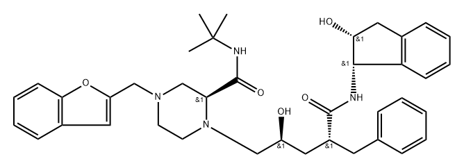D-erythro-Pentonamide, 5-[(2S)-4-(2-benzofuranylmethyl)-2-[[(1,1-dimethylethyl)amino]carbonyl]-1-piperazinyl]-2,3,5-trideoxy-N-[(1S,2R)-2,3-dihydro-2-hydroxy-1H-inden-1-yl]-2-(phenylmethyl)- Struktur