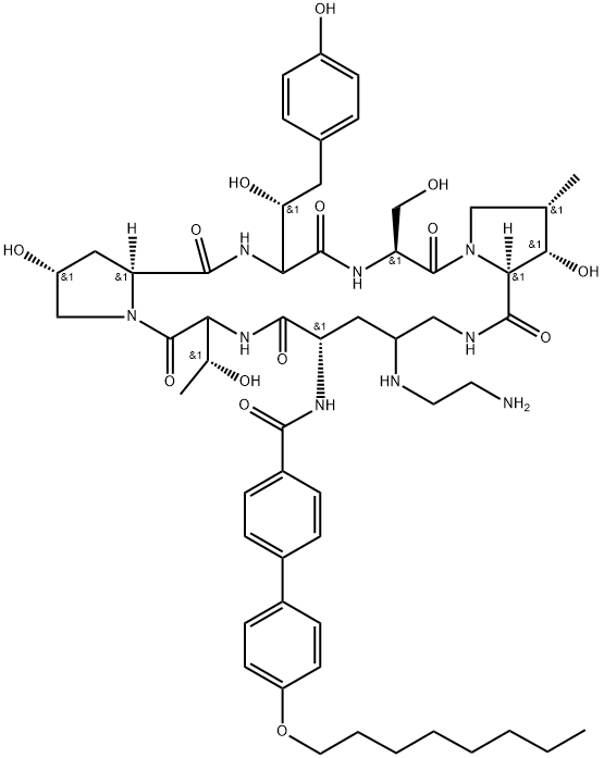L-Proline, 4-[(2-aminoethyl)amino]-N2-[[4'-(octyloxy)[1,1'-biphenyl]-4-yl]carbonyl]-L-ornithyl-L-threonyl-(4R)-4-hydroxy-L-prolyl-4-(4-hydroxyphenyl)-L-threonyl-L-seryl-3-hydroxy-4-methyl-, (6→15)-lactam, (3S,4S)-|氨基康定