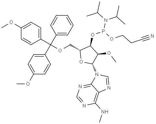 Adenosine, 5′-O-[bis(4-methoxyphenyl)phenylmethyl]-N-methyl-2′-O-methyl-, 3′-[2-cyanoethyl N,N-bis(1-methylethyl)phosphoramidite] Struktur