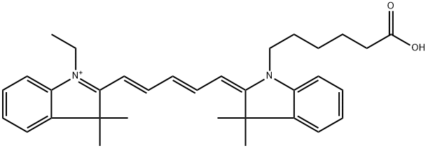 3H-Indolium, 2-[(1E,3E,5E)-5-[1-(5-carboxypentyl)-1,3-dihydro-3,3-dimethyl-2H-indol-2-ylidene]-1,3-pentadien-1-yl]-1-ethyl-3,3-dimethyl- Struktur