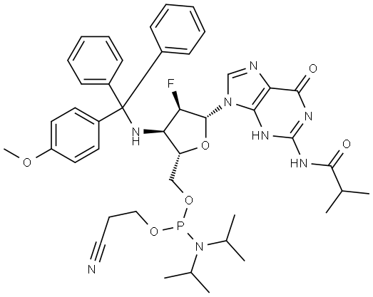 2-cyanoethyl (((2S,3R,4R,5R)-4-fluoro-5-(2-isobutyramido-6-oxo-1,6-dihydro-9H-purin-9-yl)-3-(((4-methoxyphenyl)diphenylmethyl)amino)tetrahydrofuran-2-yl)methyl) diisopropylphosphoramidite Struktur