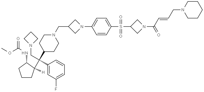 Carbamic acid, N-[(1S,2R)-2-[(1S)-2-(1-azetidinyl)-1-(3-fluorophenyl)-1-[1-[[1-[4-[[1-[(2E)-1-oxo-4-(1-piperidinyl)-2-buten-1-yl]-3-azetidinyl]sulfonyl]phenyl]-3-azetidinyl]methyl]-4-piperidinyl]ethyl]cyclopentyl]-, methyl ester Struktur